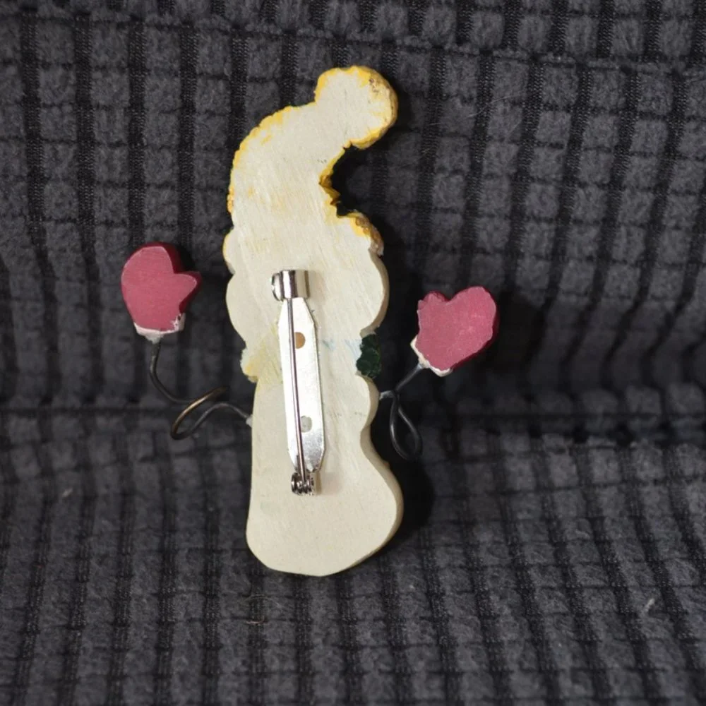 Vintage Clay Pin Brooch SnowMan Hat Wire arms Hand- painted 3'